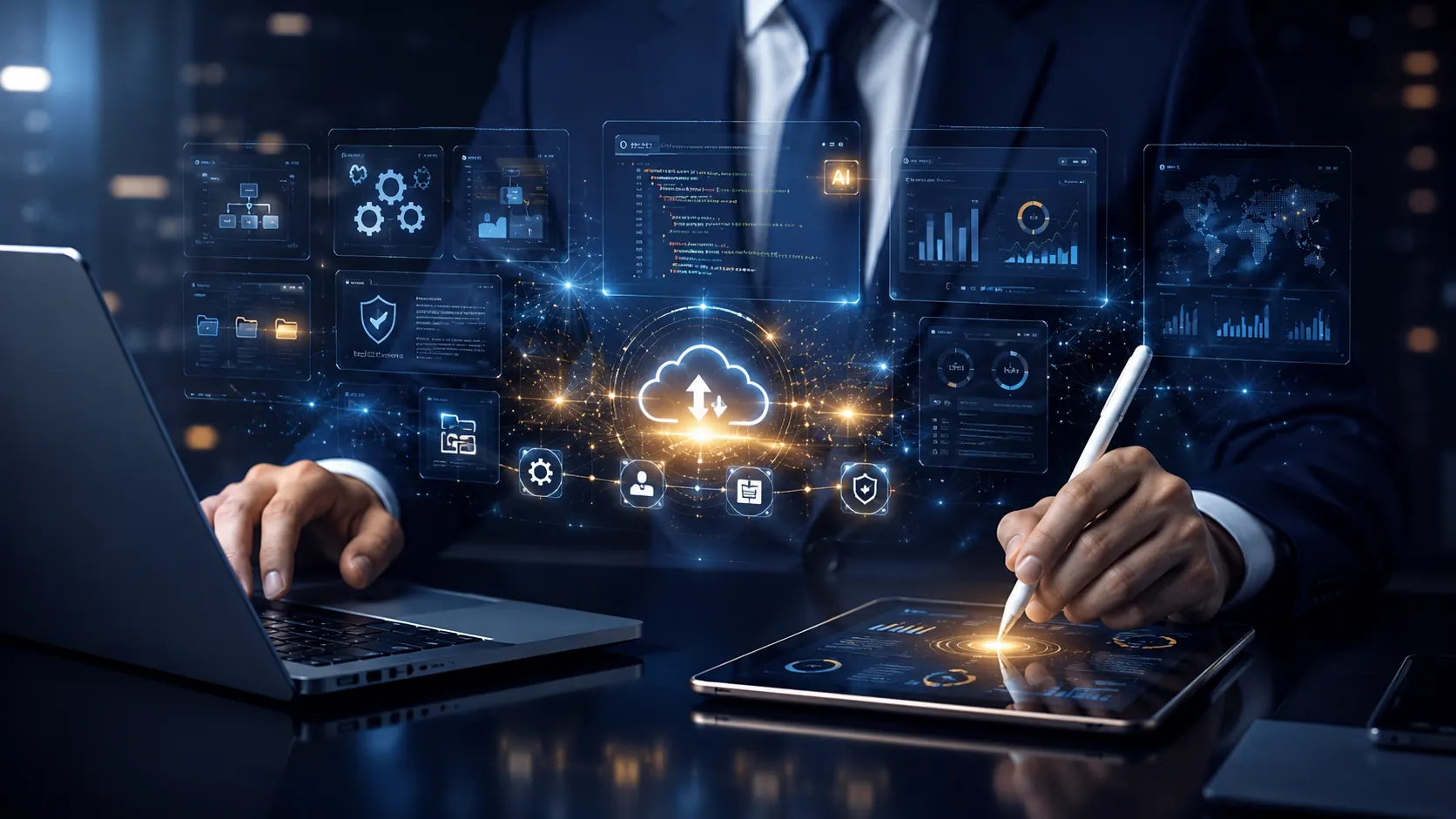 Business professional presenting workflow, analytics, security, workforce, integration, and project management software capabilities.